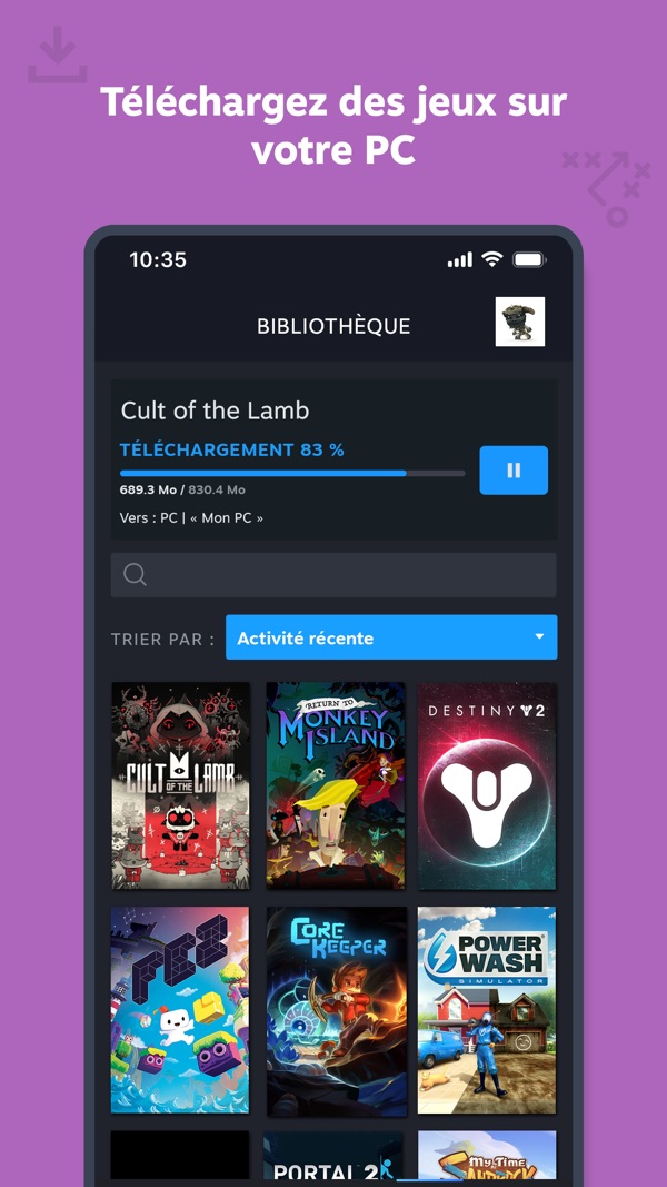 La bibliothèque, où le jeu apparaît et se télécharge une fois la clé activée
