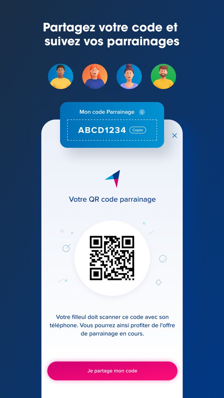 L'écran où l'on partage son code de parrainage